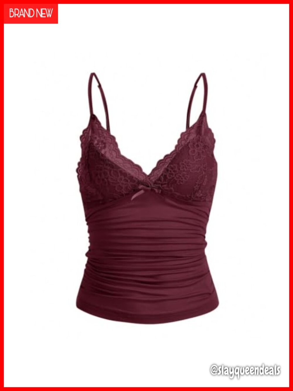 Lace Trim Cami Top Spaghetti Strap V Neck Ruched Bow Patchwork Y2k Grunge Tank